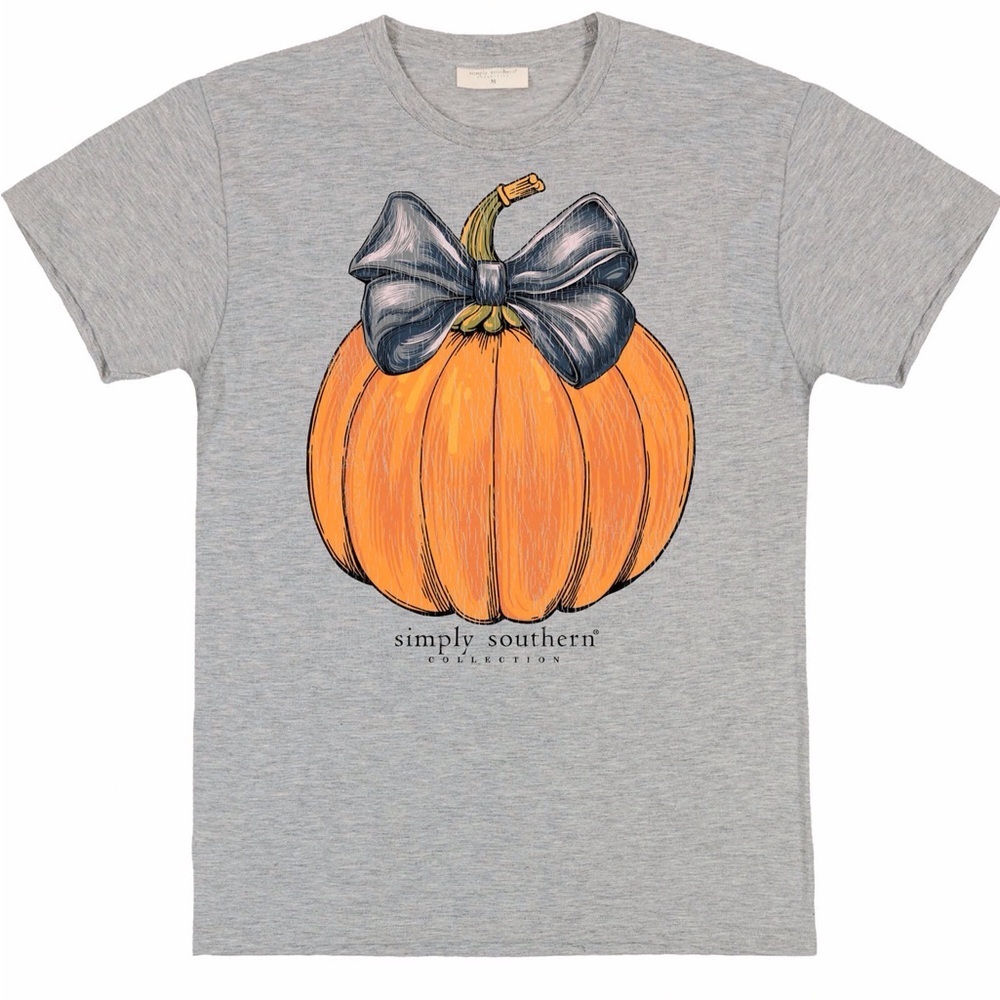 Simply Southern Pumpkin Bow Graphic T-Shirt Gray Tee Fall Halloween Size M